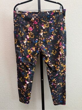 Xersion Women’s Black Floral Active Leggings with Pink, Yellow & Blue Accents